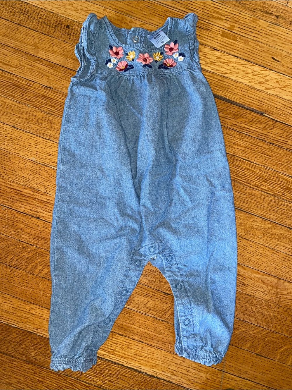 Carter's Light Blue Denim Romper with Floral Embroidery